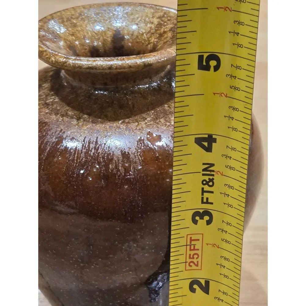 Vintage MCM Crystalline Glaze Bulbous Ceramic Bud Vase Brown Gold 4.75